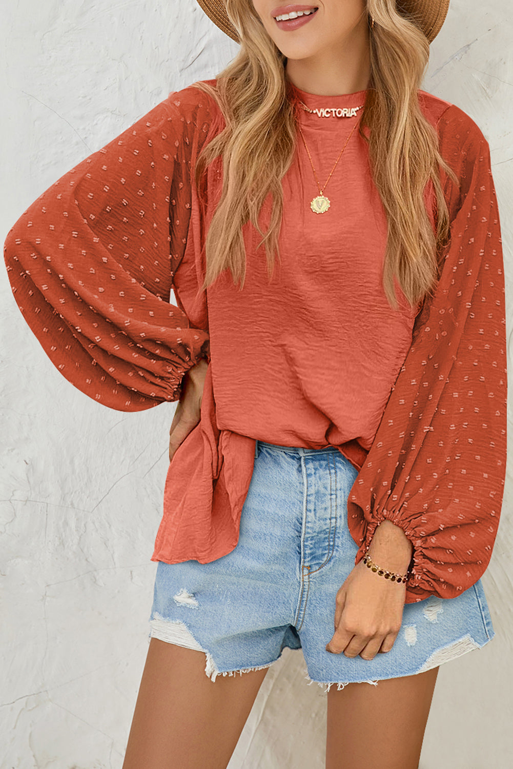 Green Swiss Dot Balloon Sleeve Patchwork Crinkle Blouse