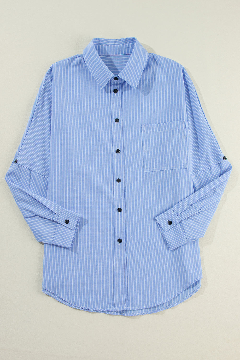 Black Stripe Roll-tab Sleeve Pocketed Tunic Shirt Shacket