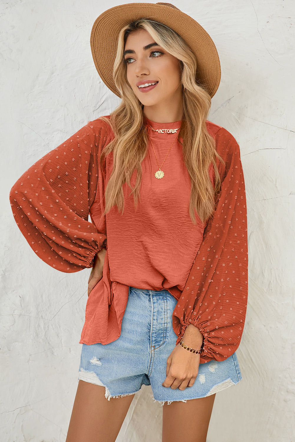 Green Swiss Dot Balloon Sleeve Patchwork Crinkle Blouse