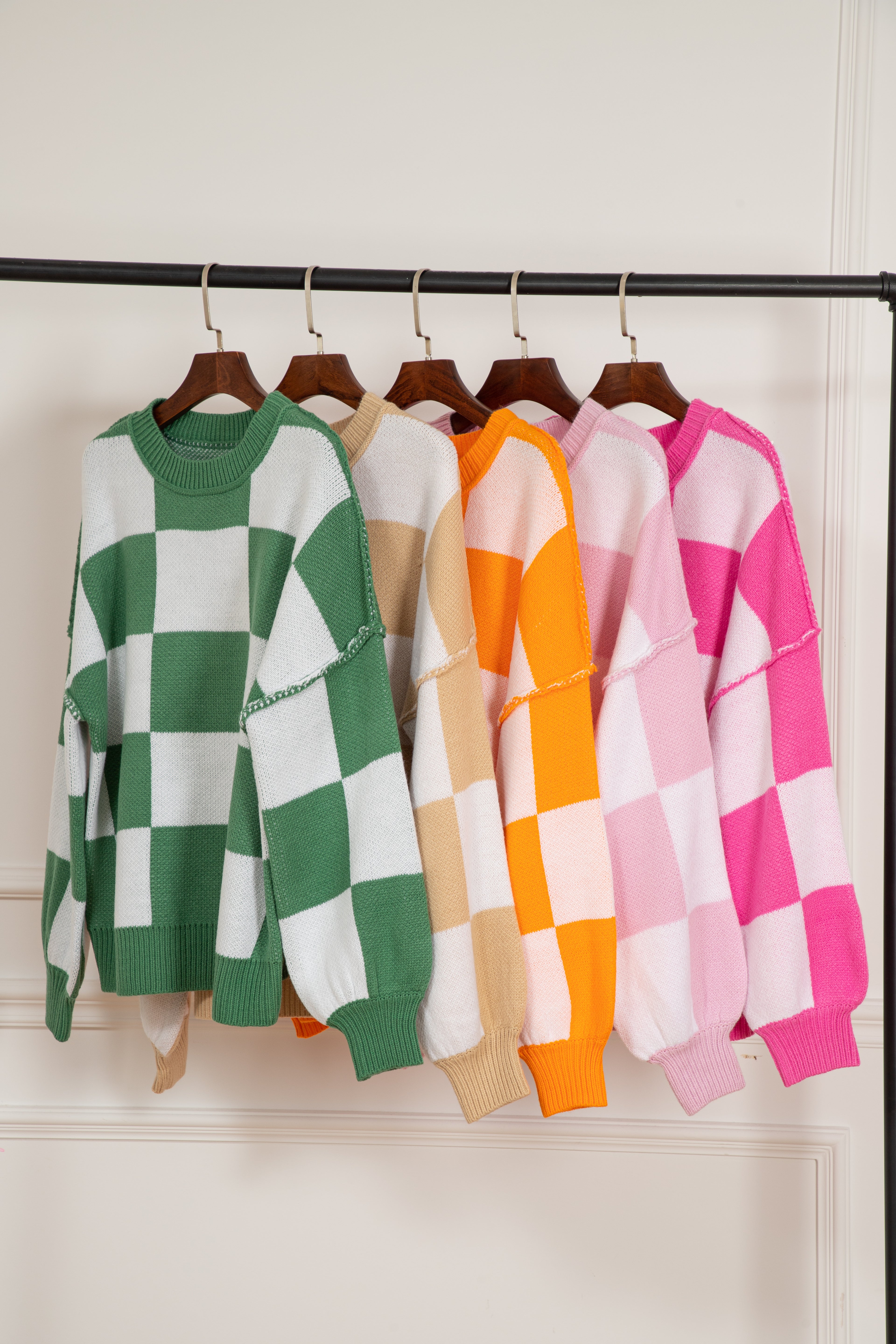 Checkered Bishop Sleeve Sweater Multiple Color Options