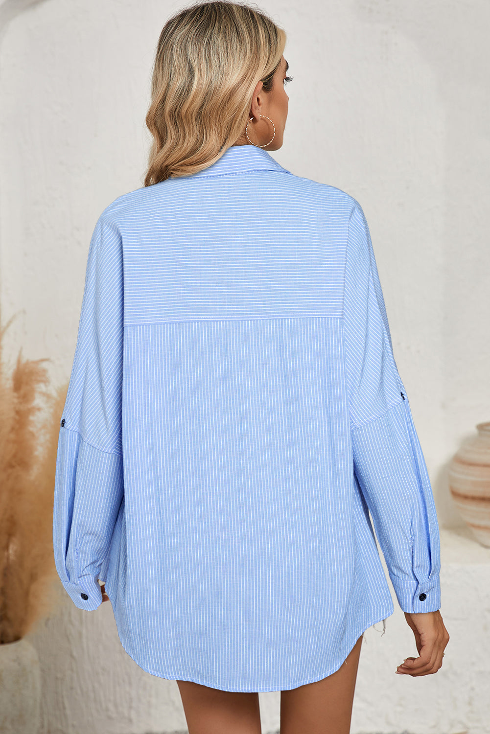 Black Stripe Roll-tab Sleeve Pocketed Tunic Shirt Shacket