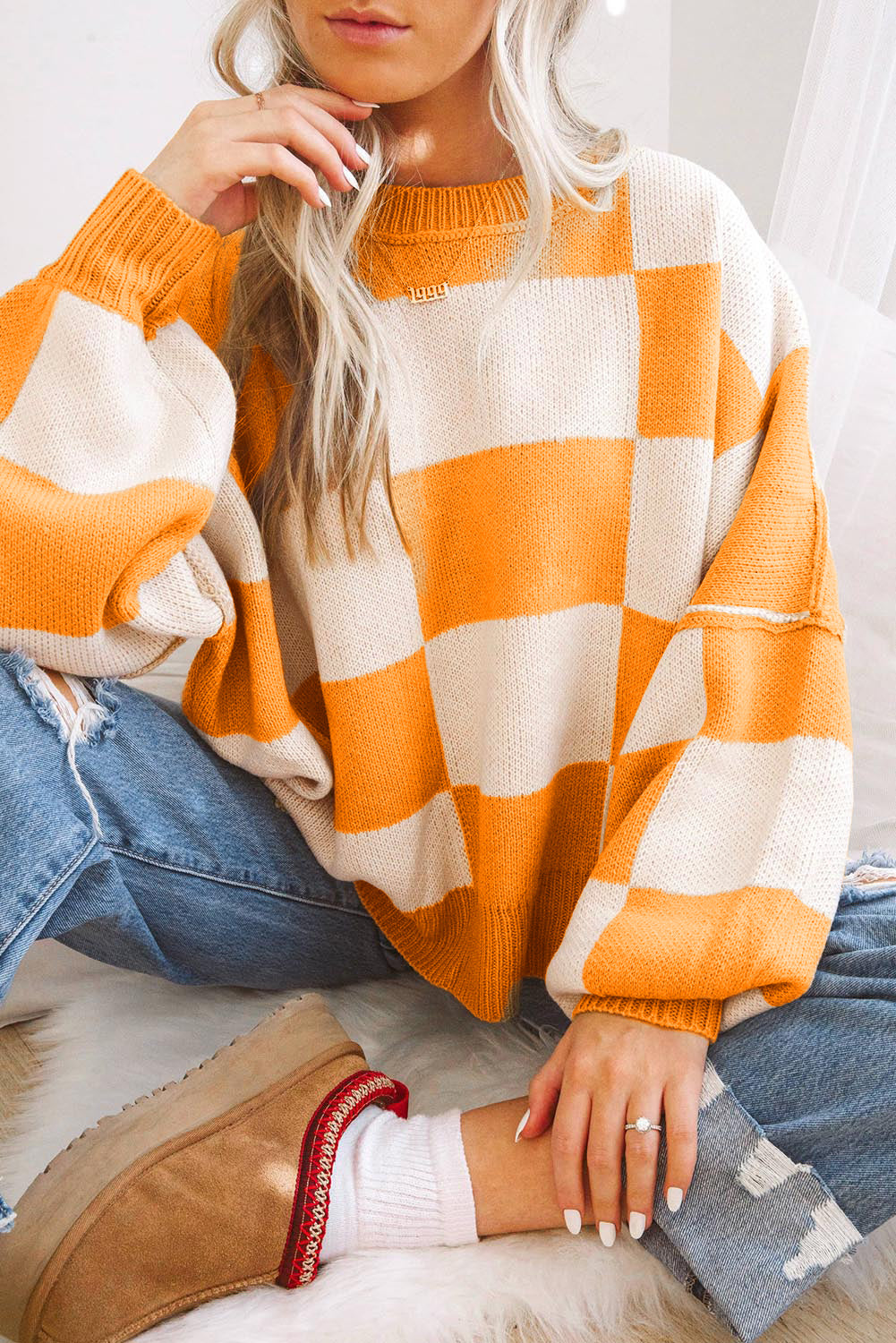 Checkered Bishop Sleeve Sweater Multiple Color Options