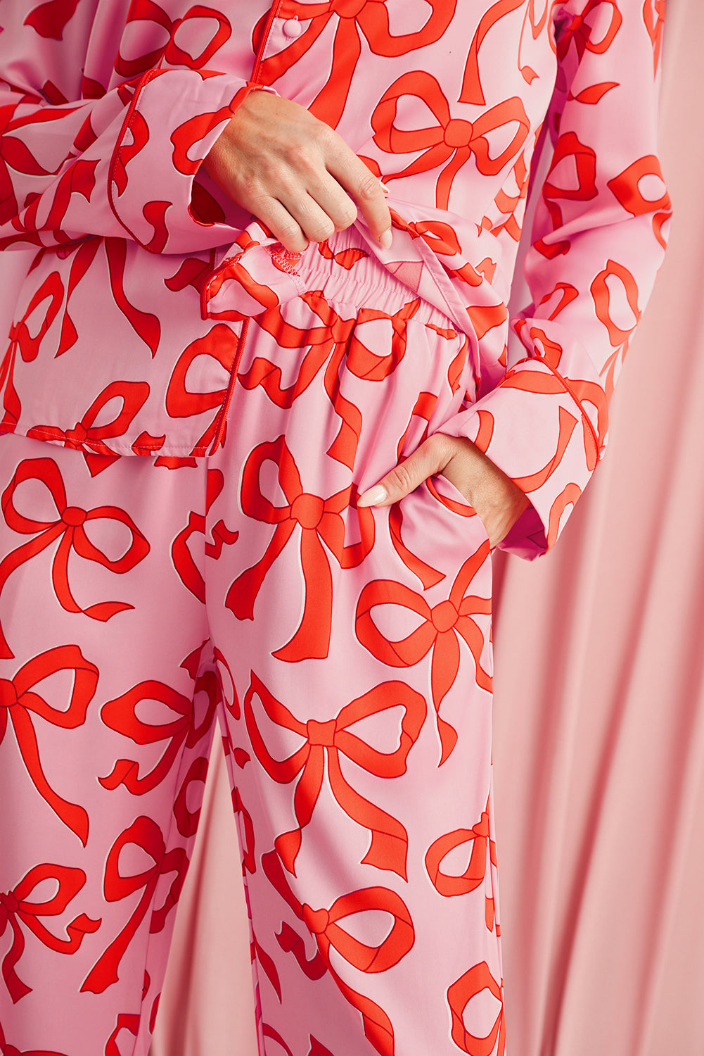 Pink Allover Bow Print Button Up and Loose Pants Pajama Set