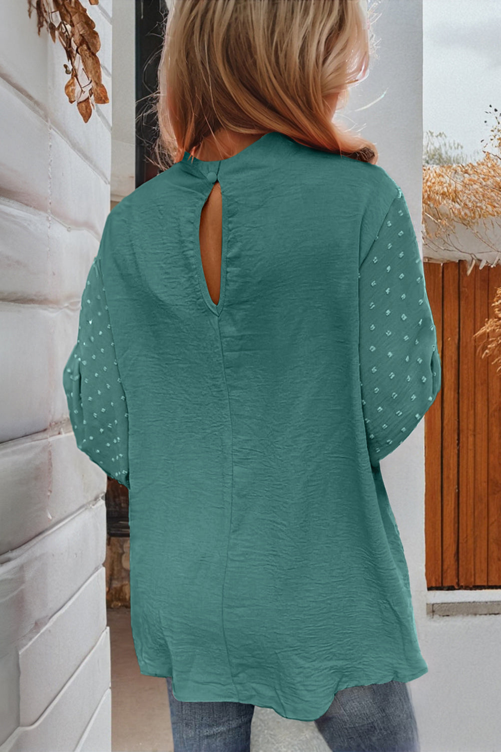 Green Swiss Dot Balloon Sleeve Patchwork Crinkle Blouse