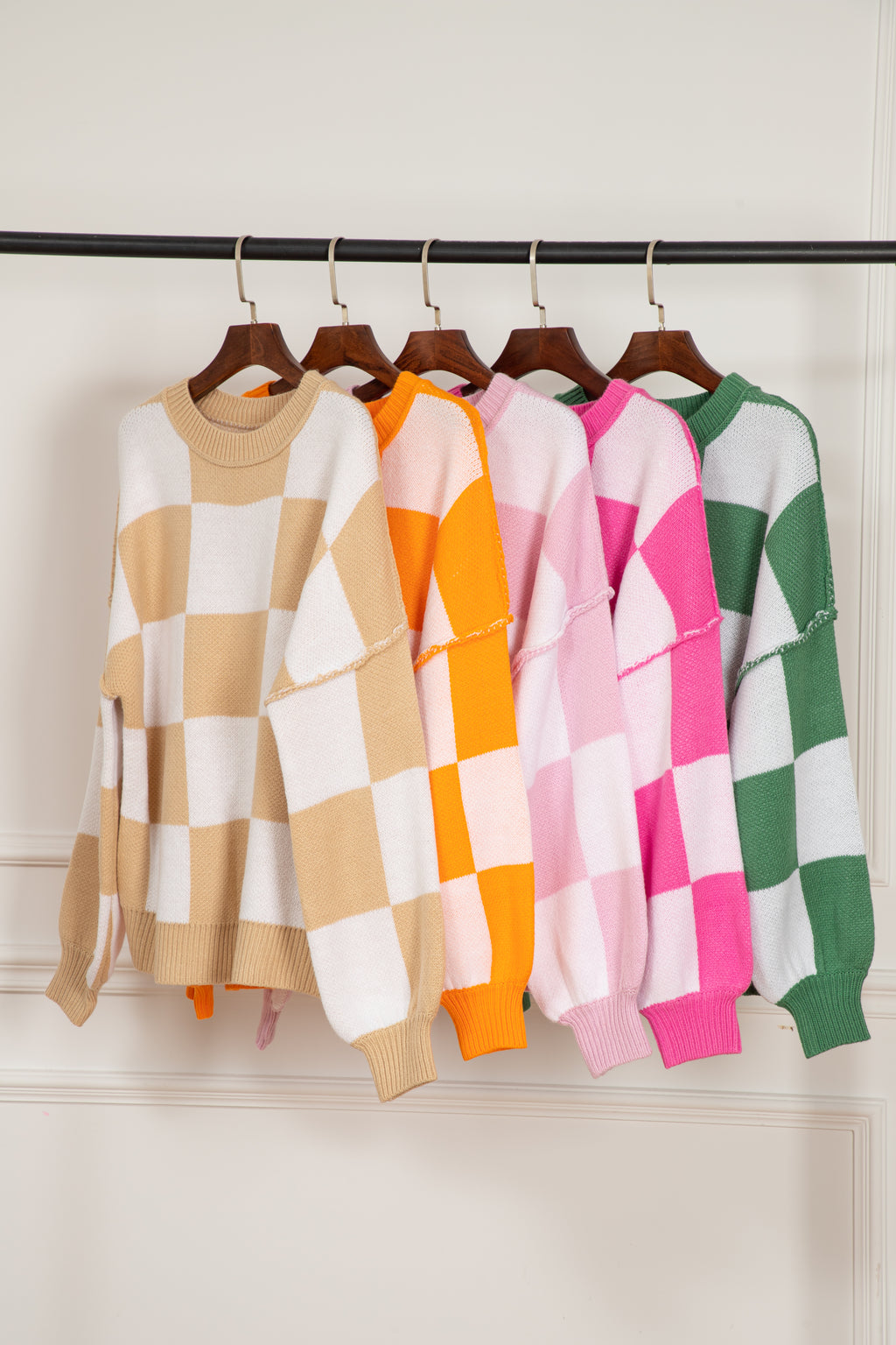 Checkered Bishop Sleeve Sweater Multiple Color Options