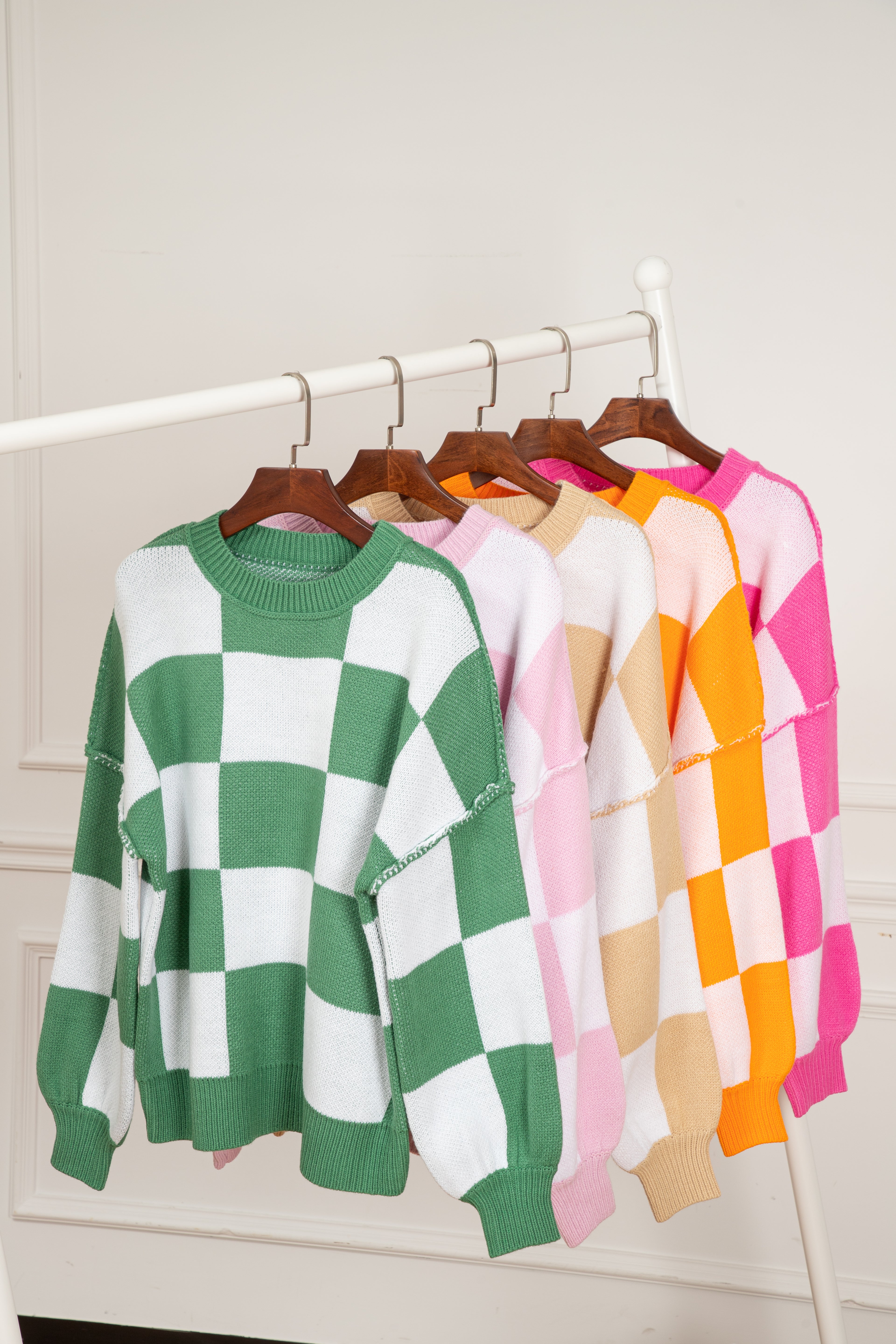Checkered Bishop Sleeve Sweater Multiple Color Options