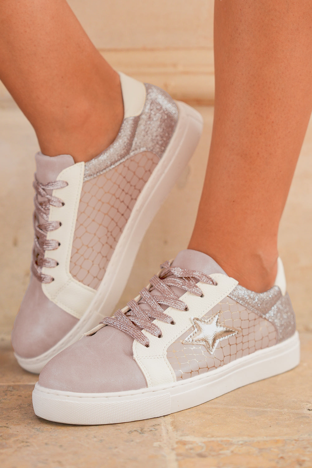 Gold Glitter Star Patchwork PU Leather Lace-up Sneakers