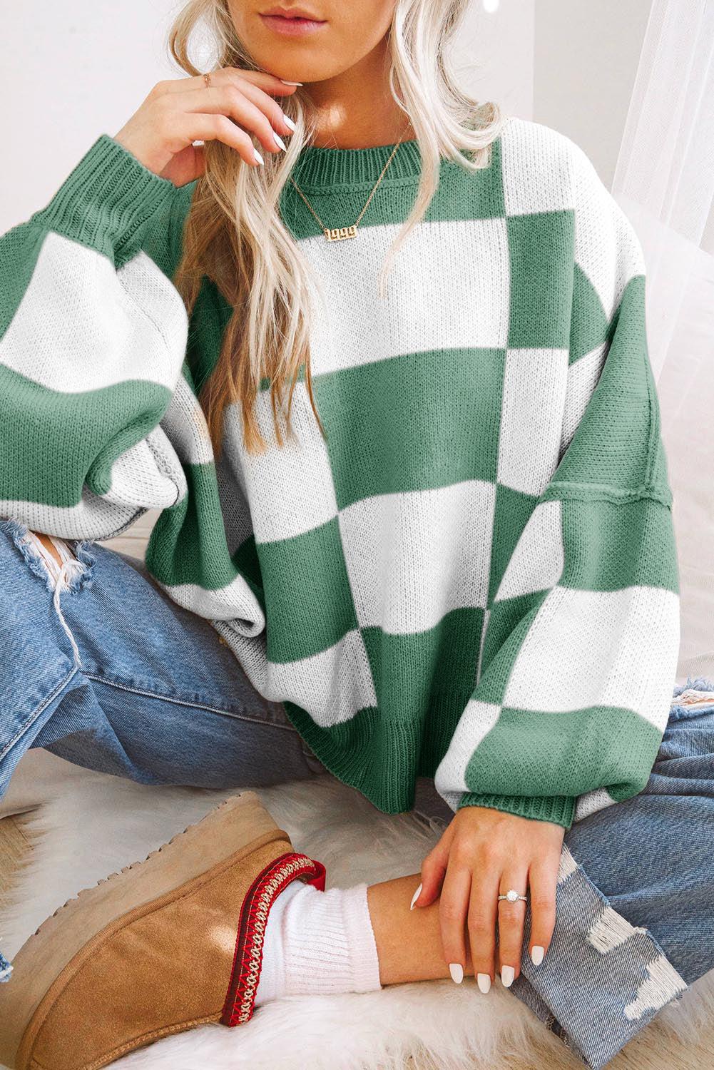 Checkered Bishop Sleeve Sweater Multiple Color Options