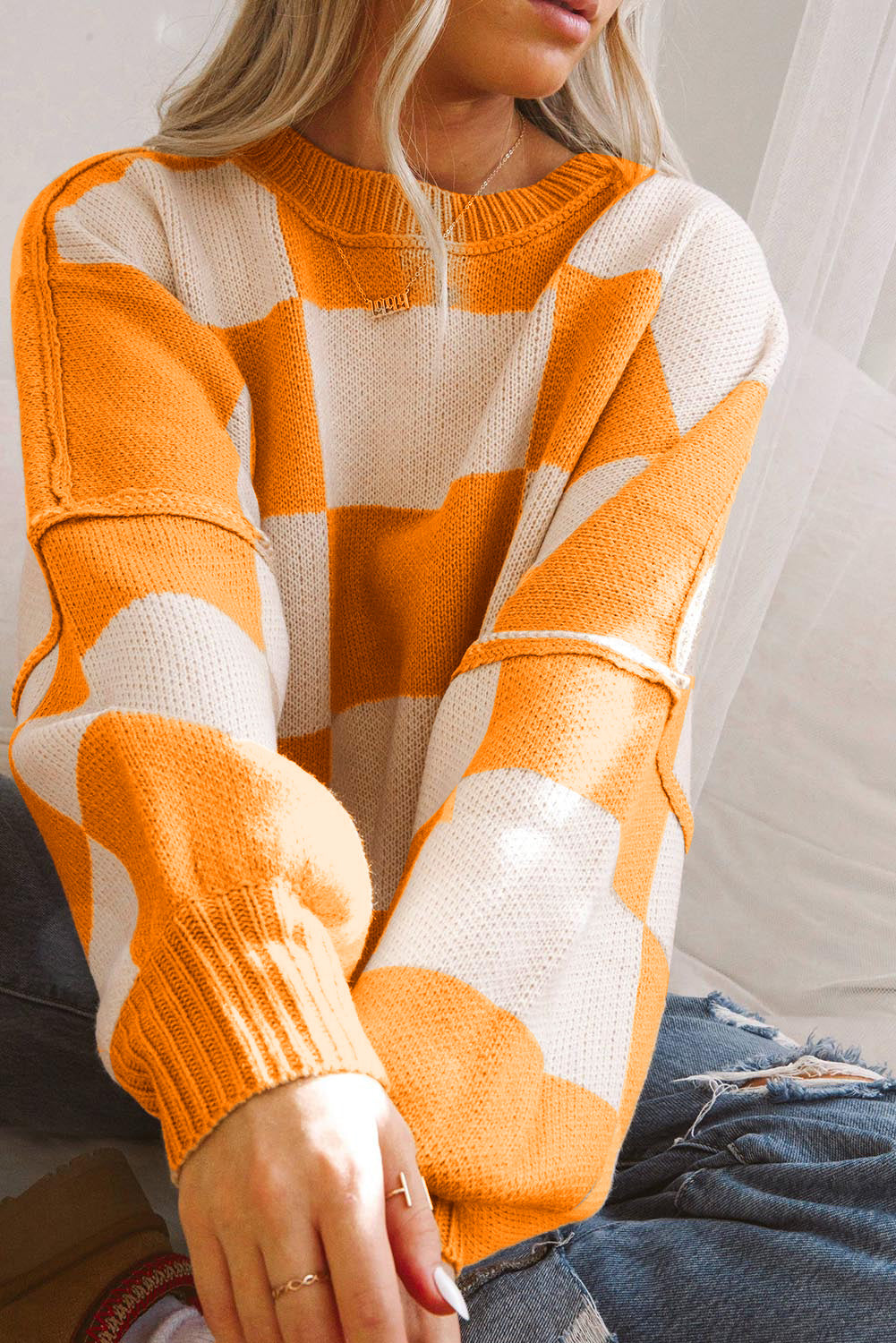 Checkered Bishop Sleeve Sweater Multiple Color Options