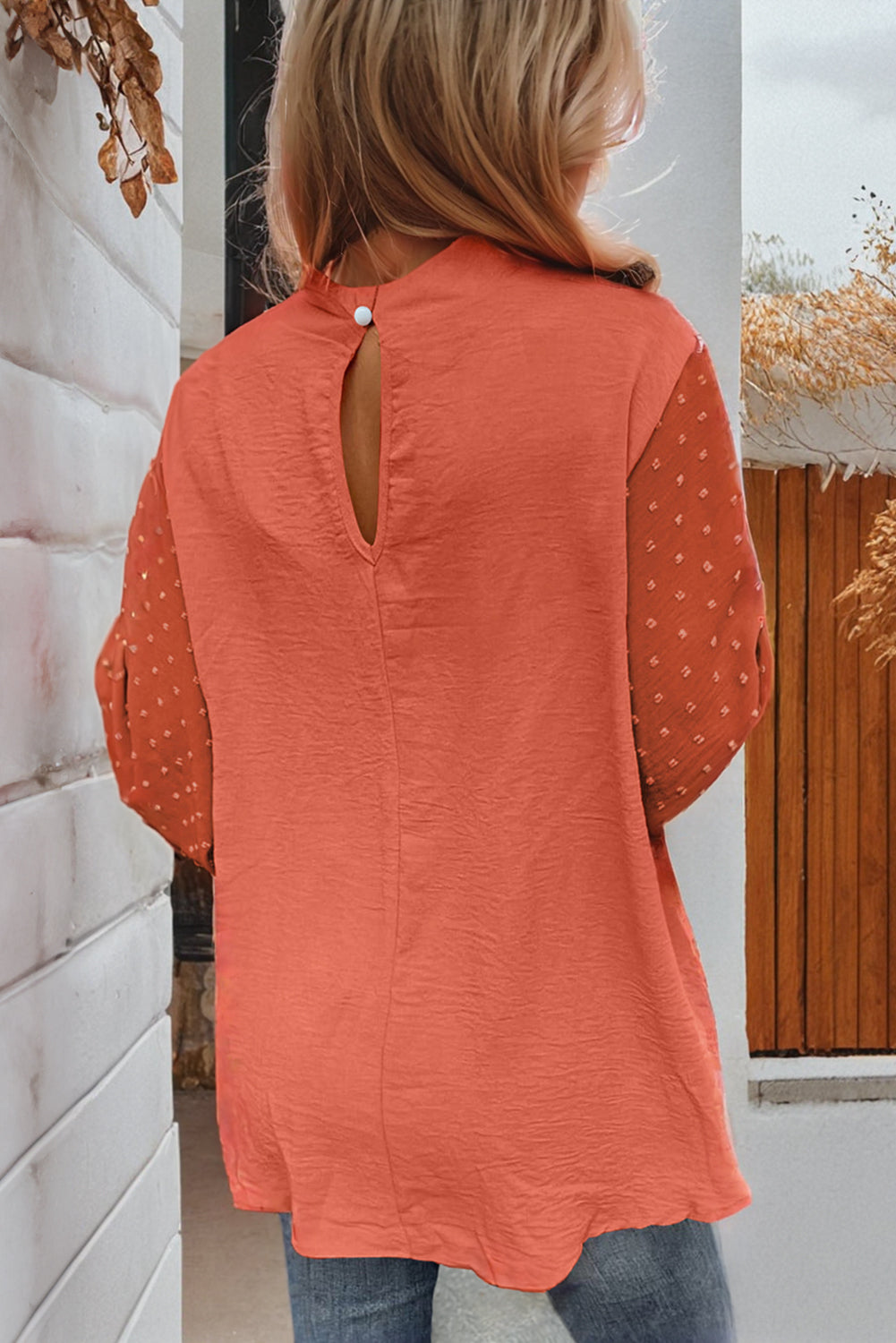 Green Swiss Dot Balloon Sleeve Patchwork Crinkle Blouse