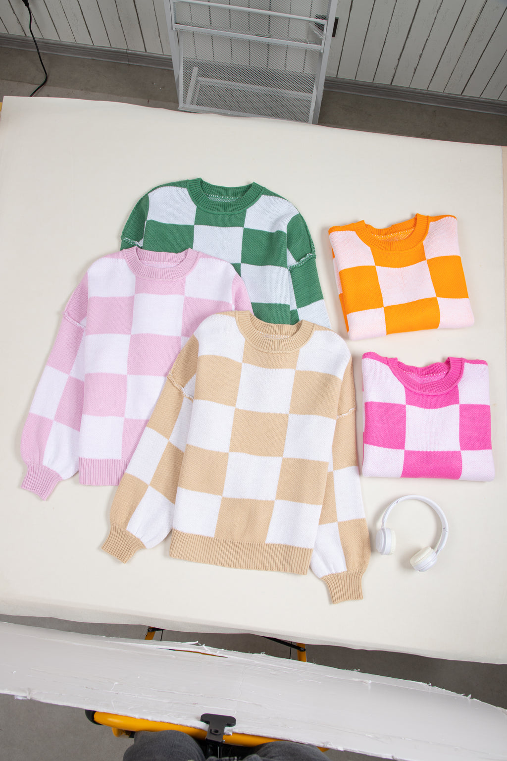 Checkered Bishop Sleeve Sweater Multiple Color Options