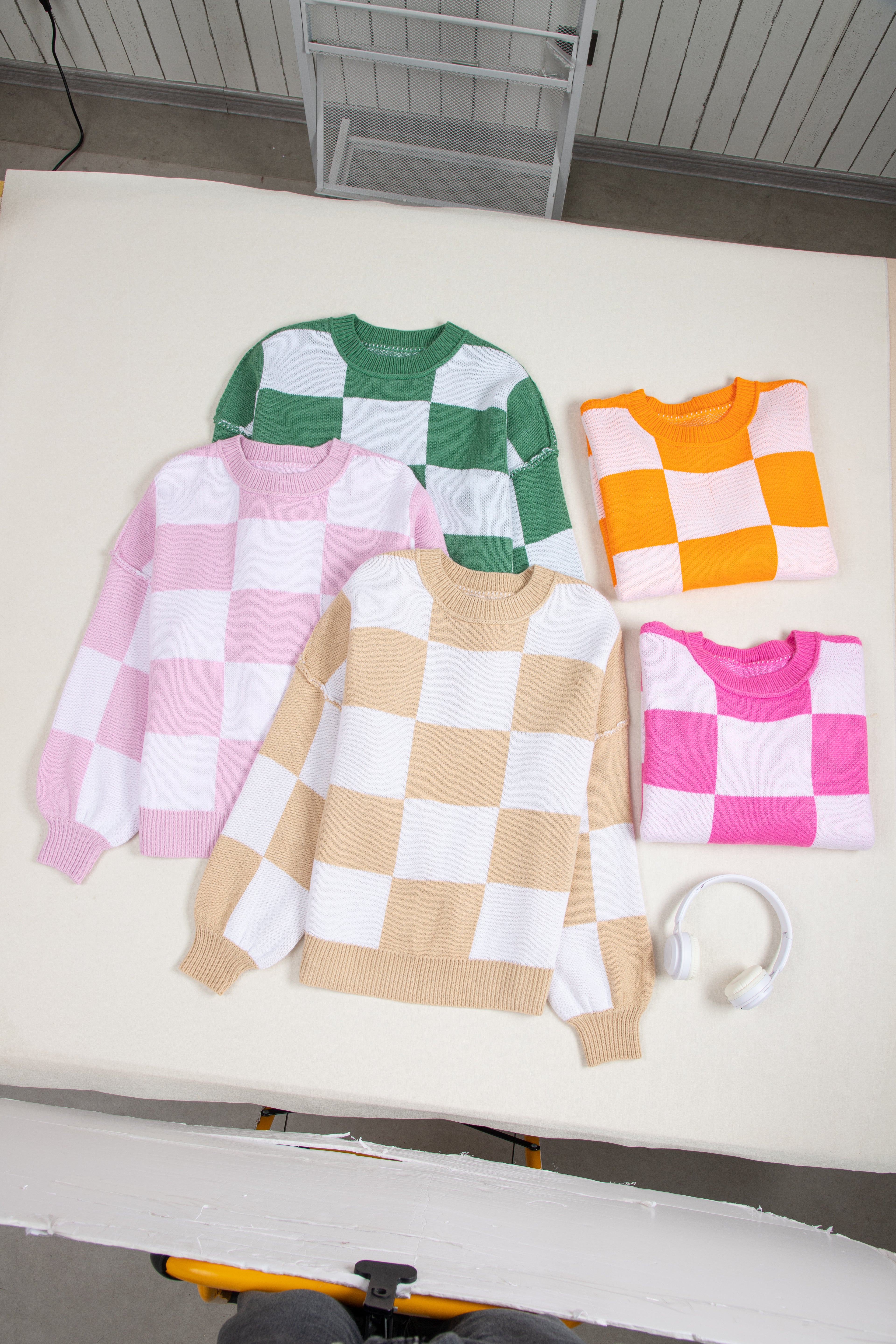 Checkered Bishop Sleeve Sweater Multiple Color Options