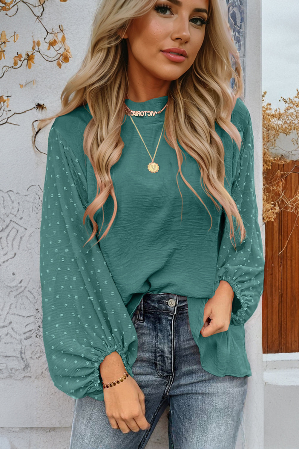 Green Swiss Dot Balloon Sleeve Patchwork Crinkle Blouse