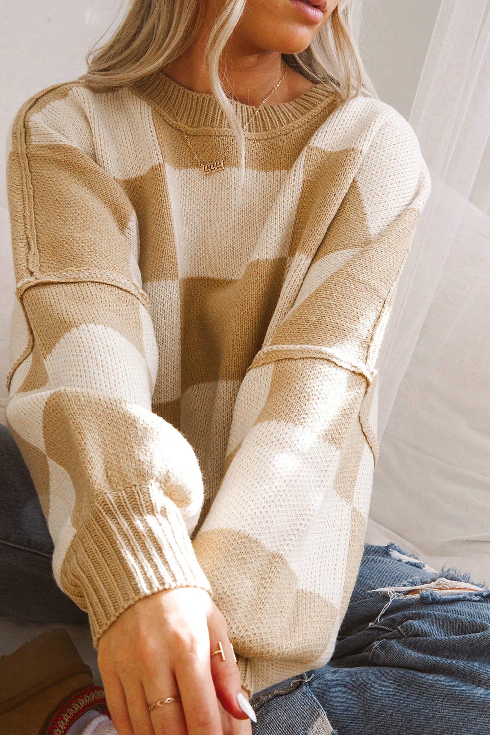 Checkered Bishop Sleeve Sweater Multiple Color Options