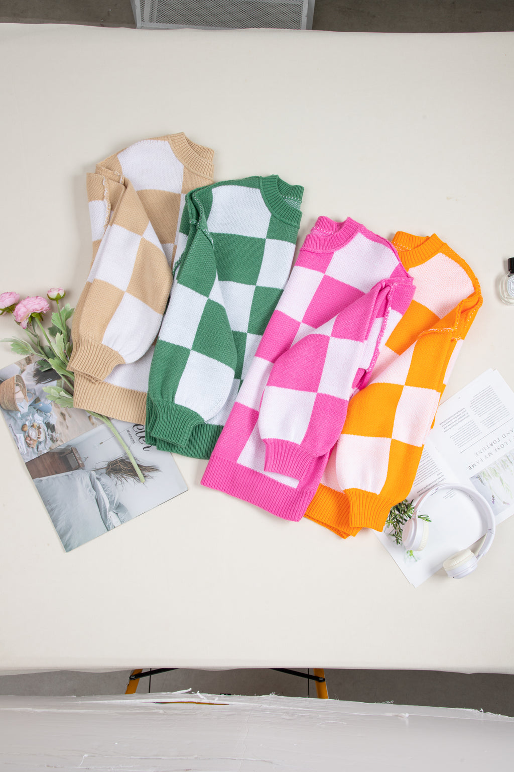 Checkered Bishop Sleeve Sweater Multiple Color Options